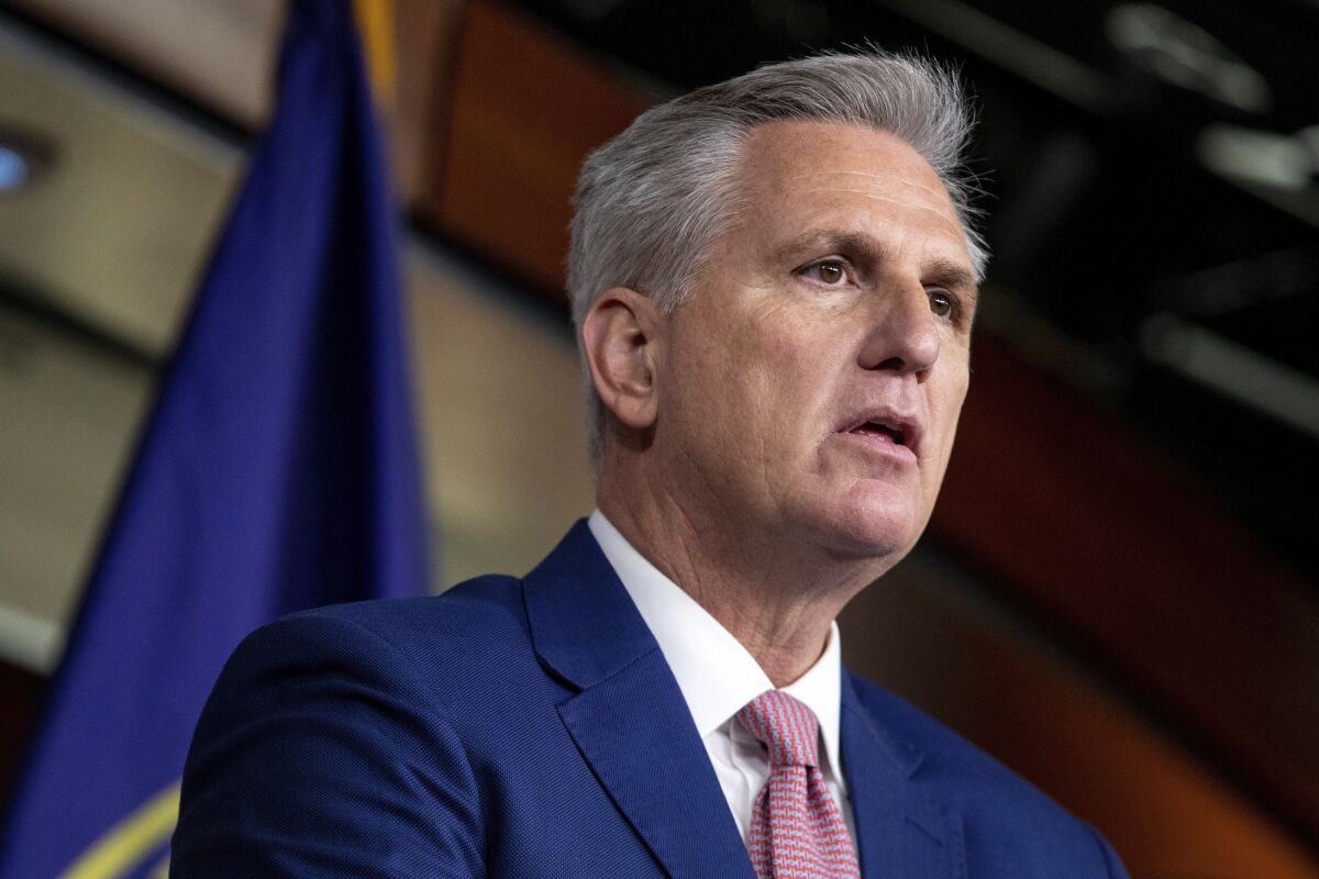 House Minority Leader Kevin McCarthy speaks to reporters.
