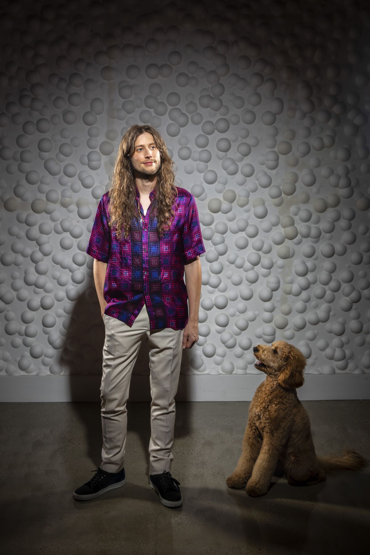 Ludwig Göransson with his goldendoodle, Barbara.