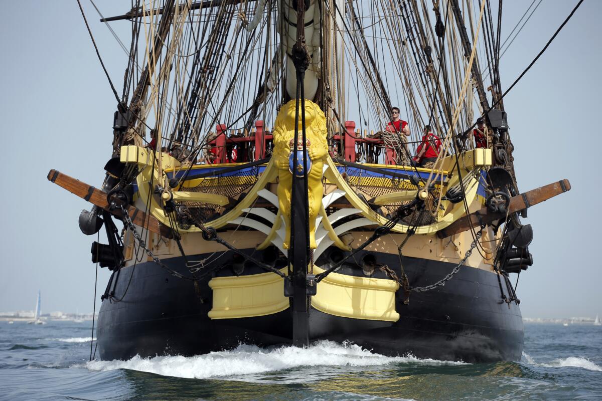 The 213-feet-long frigate Hermione sails at La Rochelle, southwest France, as part of preparation of a trip to America on April 15.