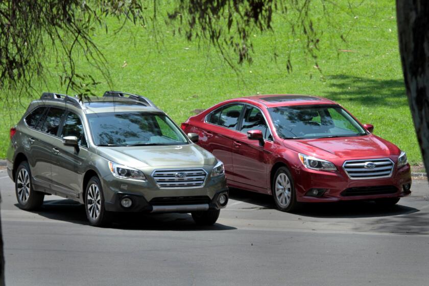 The Subaru Outback wagon and the Subaru Legacy sedan seen at Elysian Park in Los Angeles in 2014.