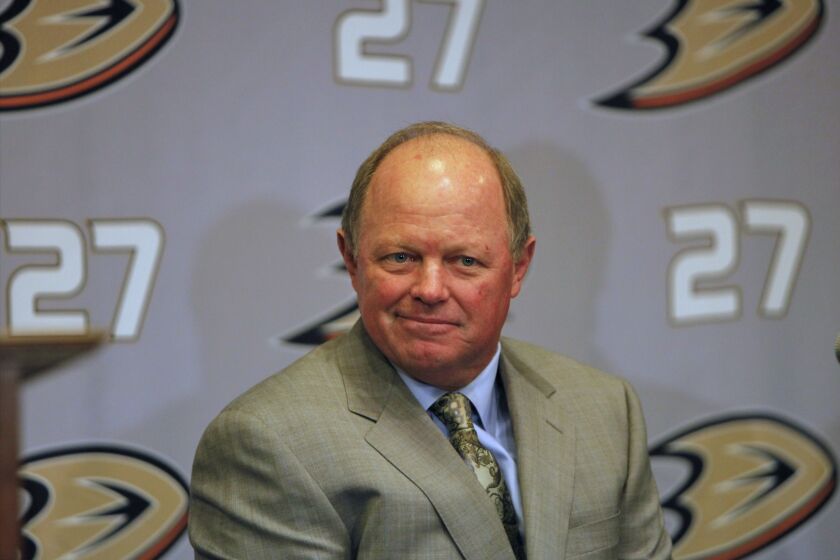 Anaheim Ducks Executive Vice President and General Manager, Bob Murray, comments on Ducks's defenseman Scott Niedermayer's retirement from professional hockey, during a news conference at the Honda Center in Anaheim, Calif. on Tuesday, June 22, 2010. (AP Photo/Damian Dovarganes)