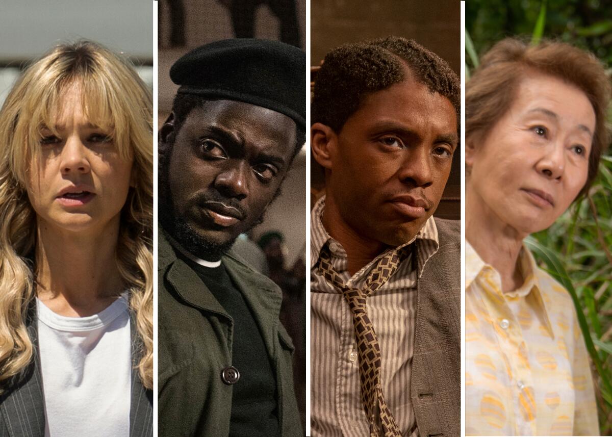 The BuzzMeter's predicted 2021 Oscar winners: Carey Mulligan, Daniel Kaluuya, Chadwick Boseman and Yuh-Jung Youn.