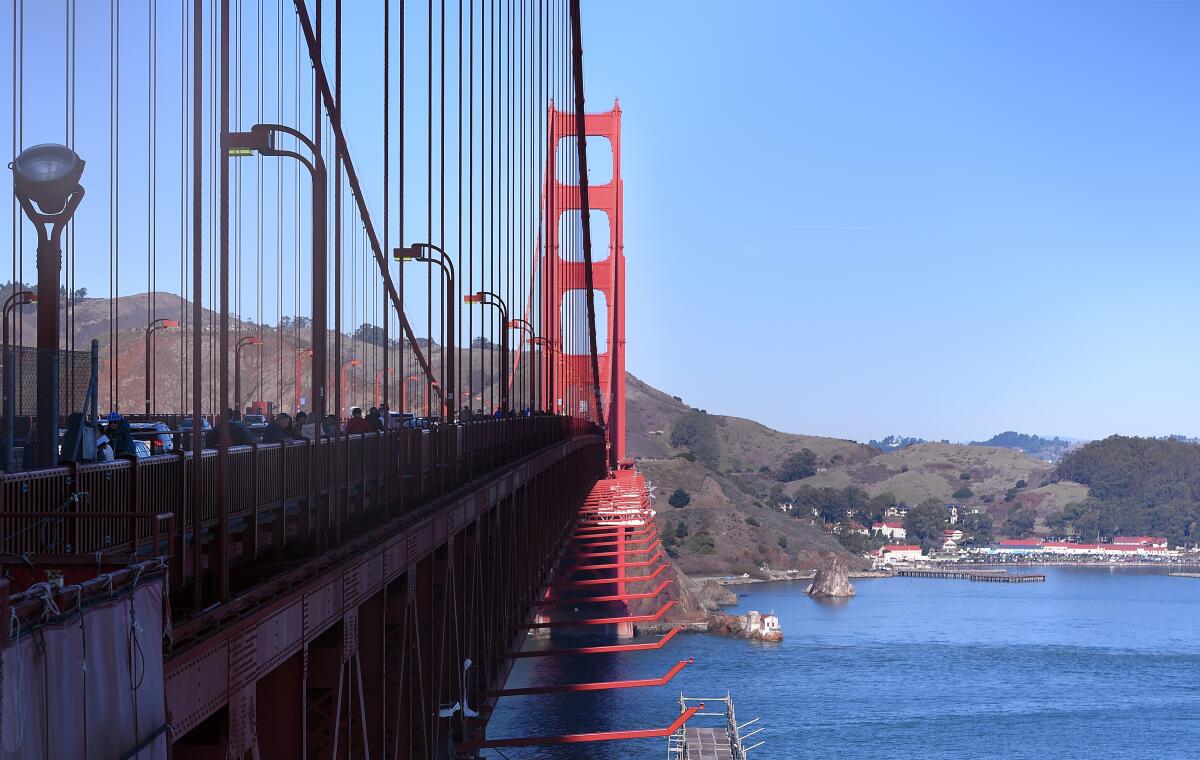 The Golden Gate Bridge on a sunny day.
