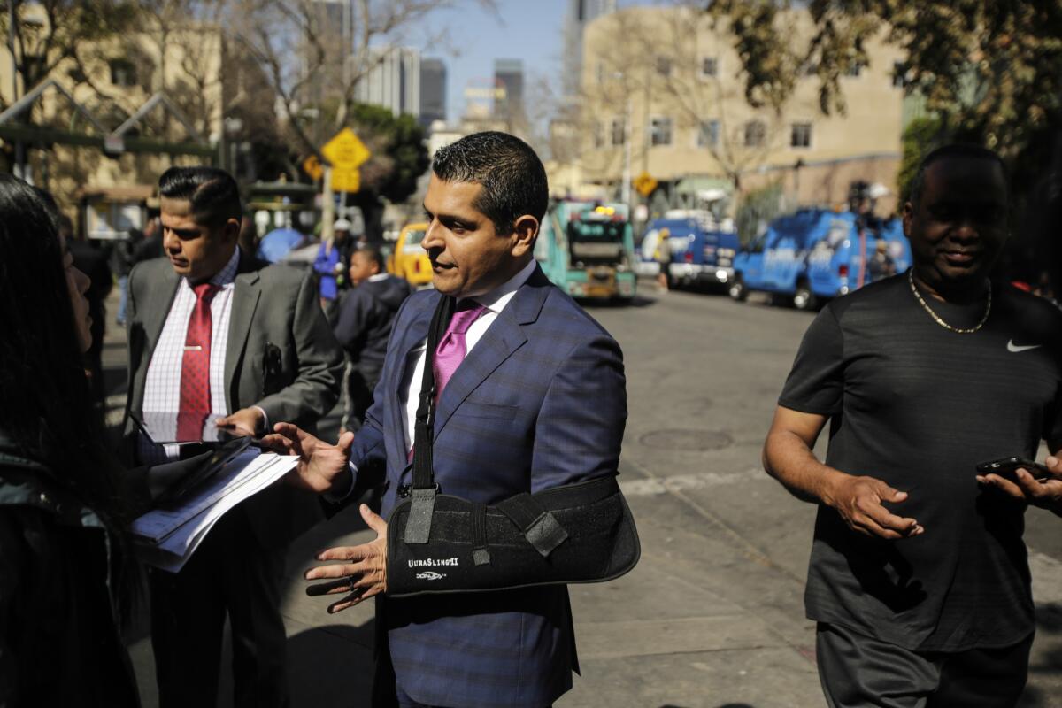 Assemblymember Miguel Santiago (D-Los Angeles) at a news conference in February.