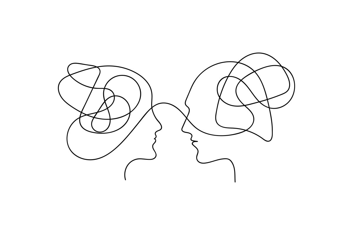 Two profiles male and female connected by thread.