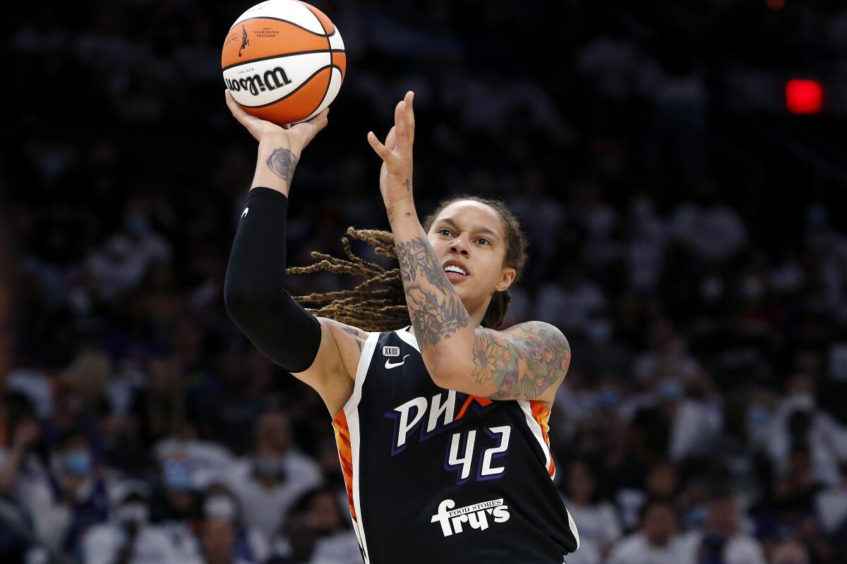 Phoenix Mercury center Brittney Griner shoots against the Chicago Sky.