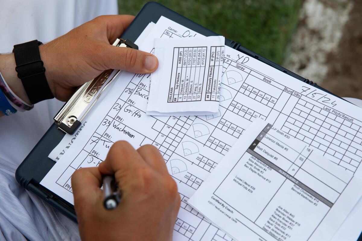 A detailed view of the lineup before the game between the Yarmouth-Dennis Red Sox and Orleans.