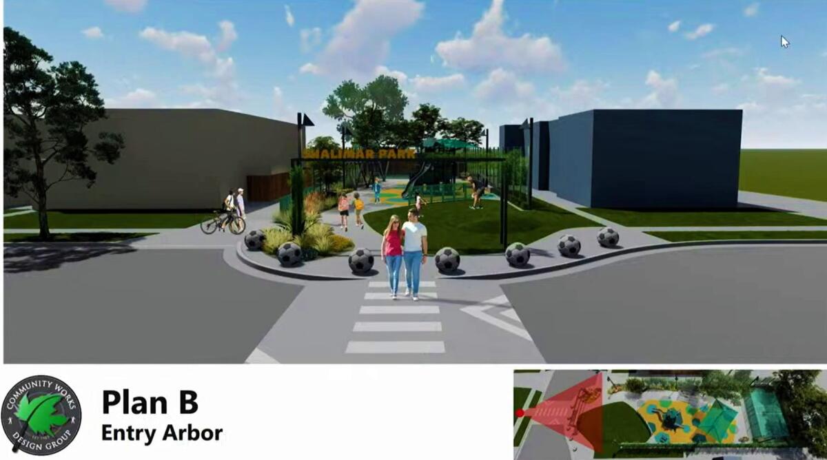 A conceptual design for improvements at Costa Mesa's Shalimar Park includes a mini-pitch soccer area and a sports theme.