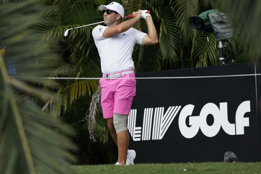 Sergio Garcia hits from the 15th tee during the ProAm of the LIV Golf Team Championship 