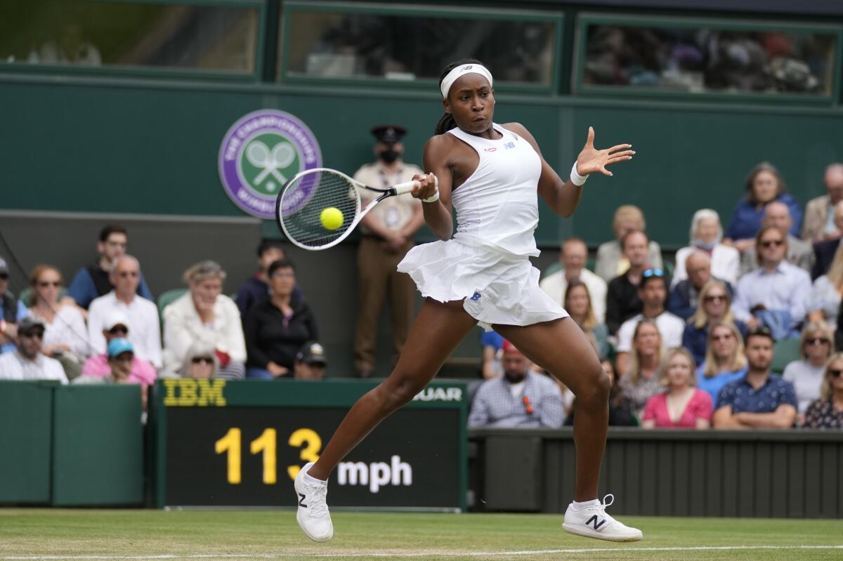 Coco Gauff plays a return during a match at Wimbledon on July 5.
