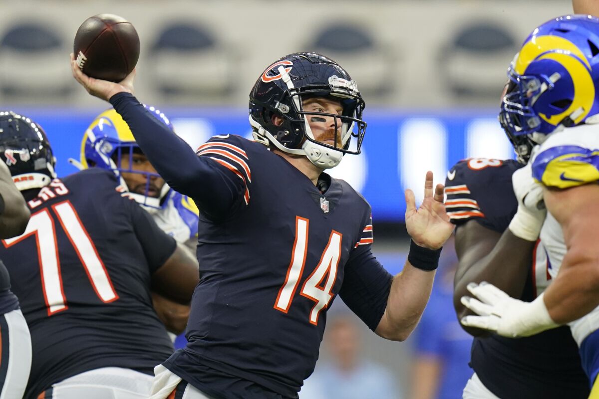 Chicago Bears quarterback Andy Dalton throws a pass during the first half of an NFL football game against the Los Angeles Rams, Sunday, Sept. 12, 2021, in Inglewood, Calif. (AP Photo/Jae C. Hong)