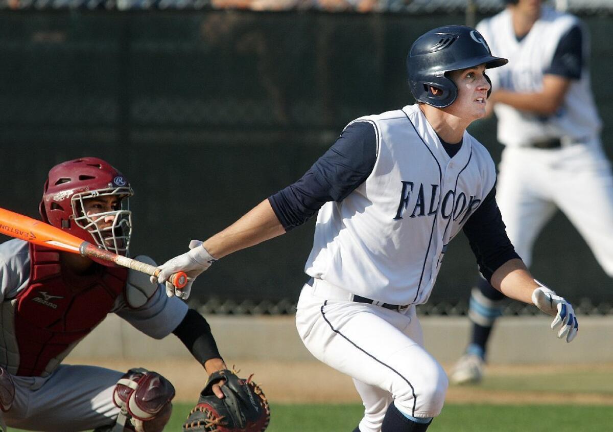Max Meyer singles during Crescenta Valley baseball's playoff loss to Oxnard on Thursday.