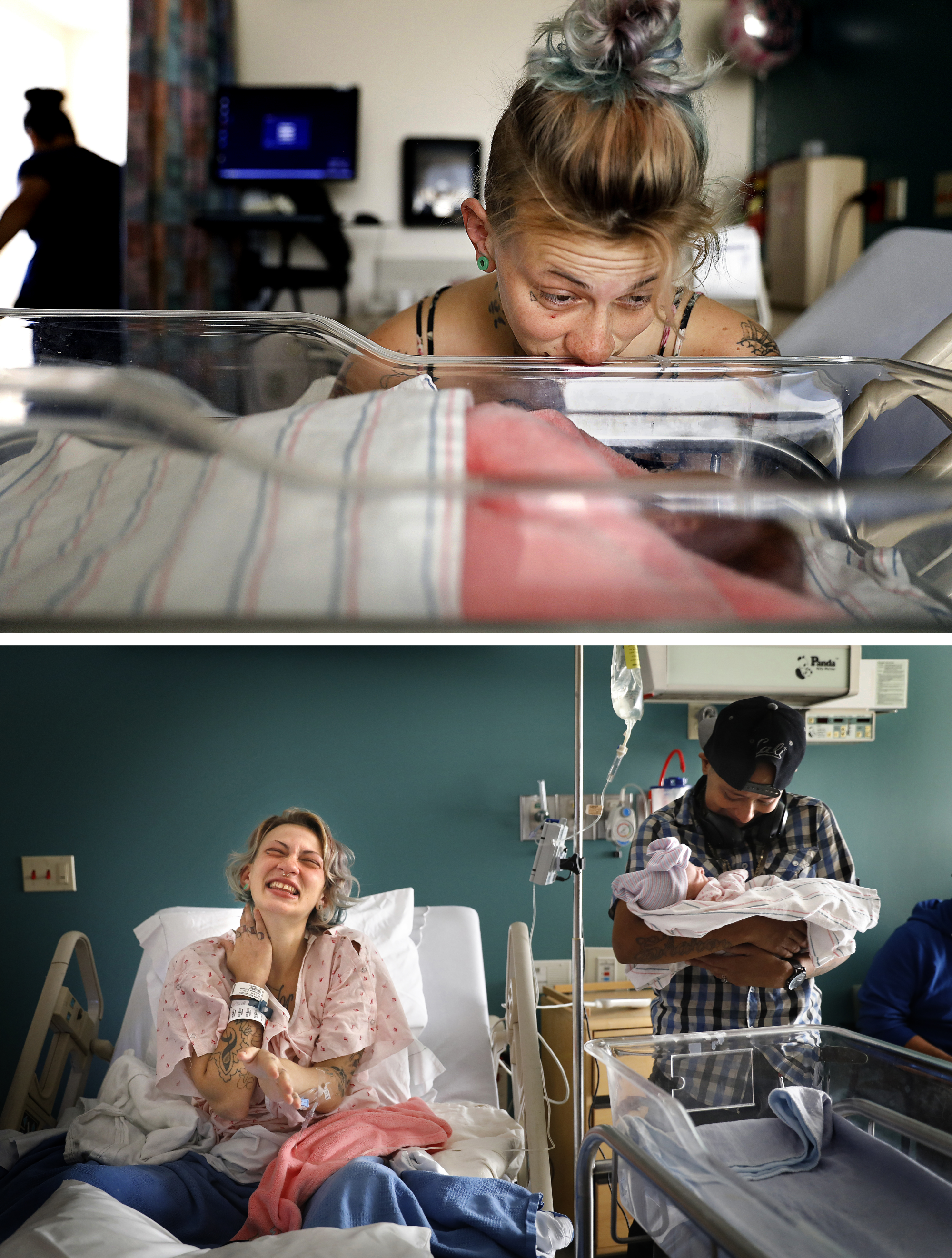 Two photos. A woman looks affectionately at a newborn. A woman in a hospital bed as a woman next to her holds a baby