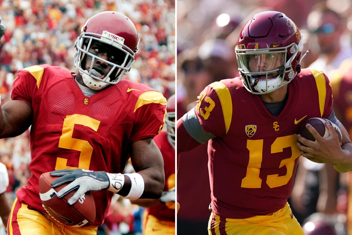 USC running back Reggie Bush, left, and USC quarterback Caleb Williams side by side.