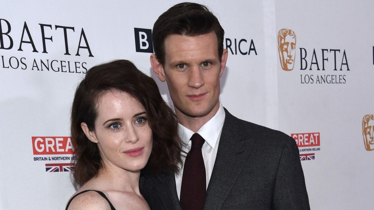 "The Crown" stars Claire Foy and Matt Smith attend the British Academy of Film and Television Arts tea party at the Beverly Hilton on Saturday.