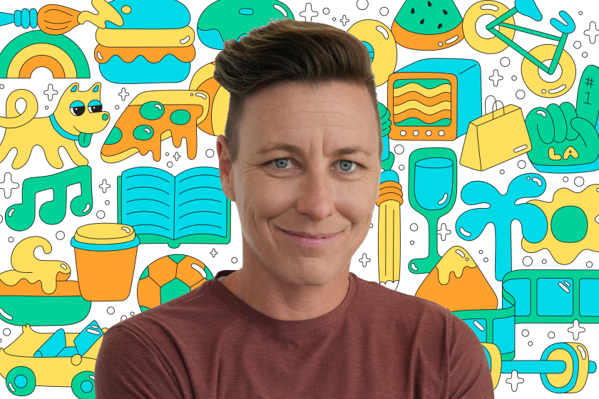 Photo of soccer star Abby Wambach on a background of colorful illustrations like a book, dog, pizza, shopping bag, and more