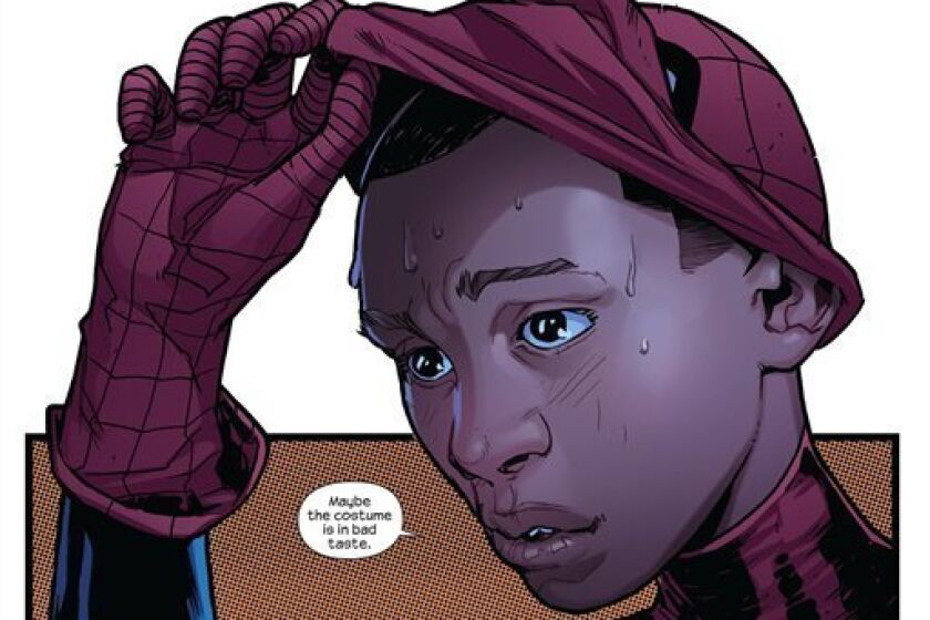 In this comic book image released by Marvel Comics, a page from "Ultimate Fallout," is shown. In the wake of the death of Peter Parker, Ultimate Spider-Man is still slinging webs across Manhattan. In the fourth, and final, issue of “Ultimate Fallout” released on Wednesday, Aug. 3, 2011, the mantle of the wall-crawling hero has been taken on by Miles Morales, a young African-American. Marvel says the new alter ego will mean new changes, including the suite, which boasts a sleek, streamlined black outfit with a deep ride spider on the chest and cobwebs on the shoulders and head. (AP Photo/Marvel Comics)