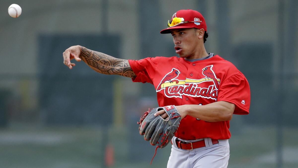Cardinals second baseman Kolten Wong warms up between innings during spring training intrasquad game on Feb. 28.