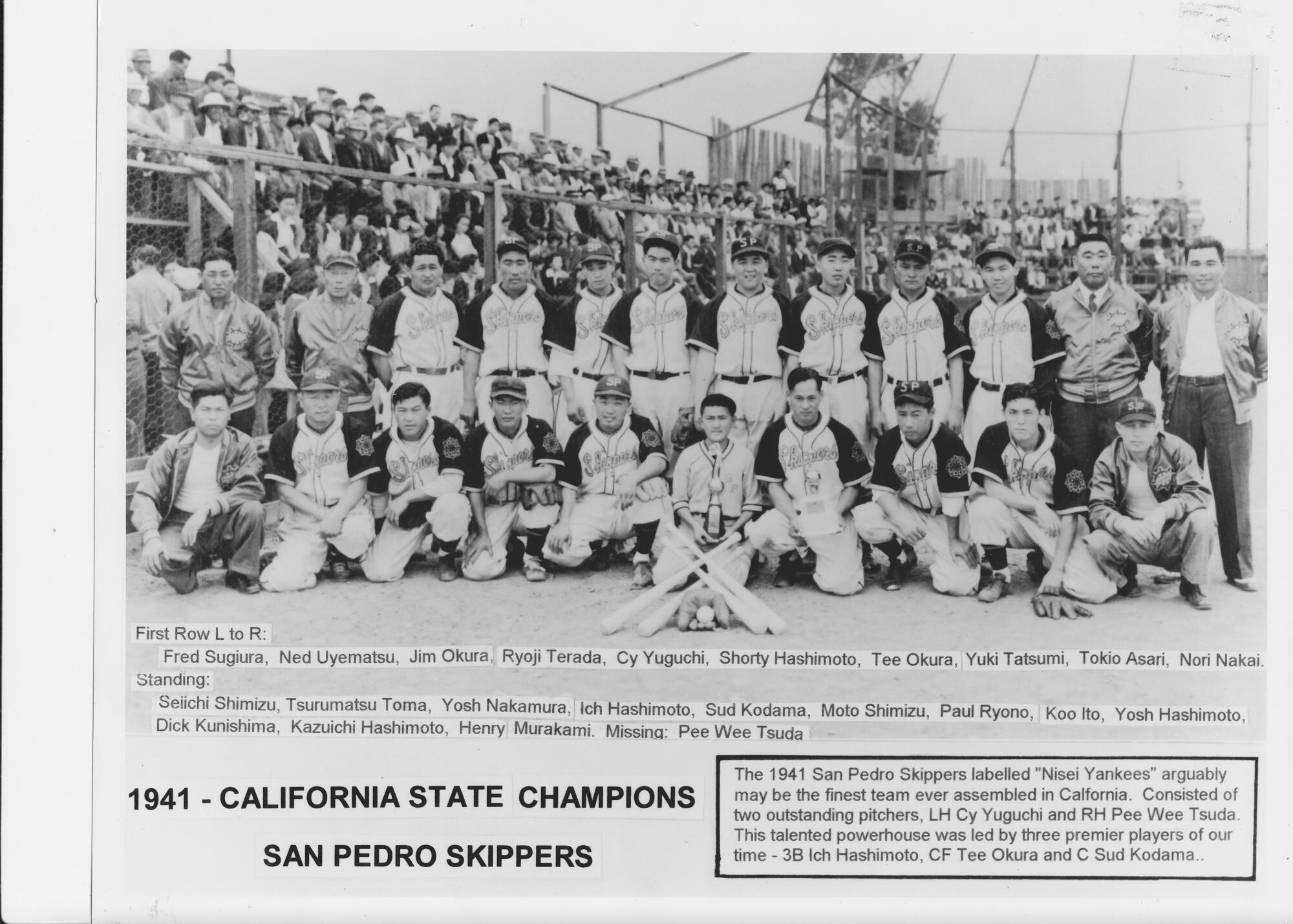 San Pedro Skippers baseball players line up for a portrait of the team, composed of second-generation Japanese Americans