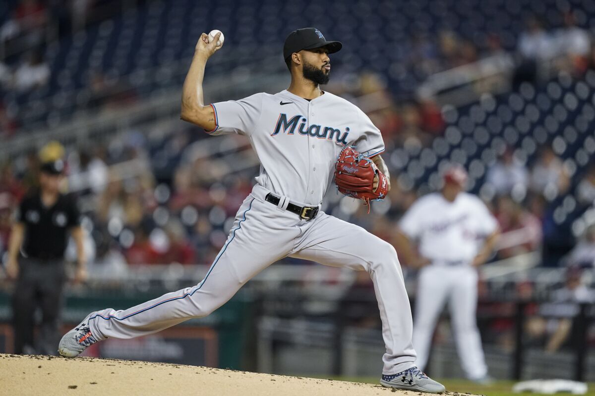 Miami Marlins starting pitcher Sandy Alcantara throws during the first inning of a baseball game against the Washington Nationals at Nationals Park, Monday, Sept. 13, 2021, in Washington. (AP Photo/Alex Brandon)