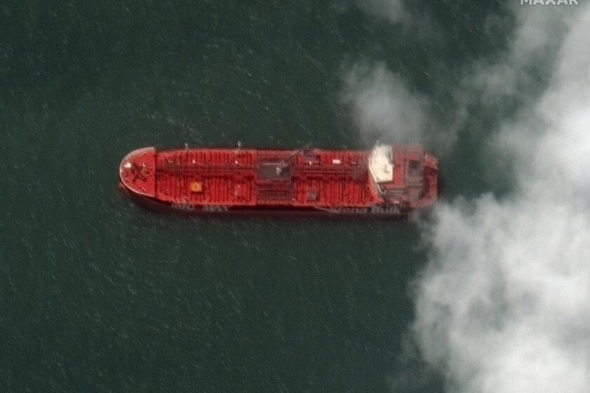 Maxar Technologies shows a close up of British-flagged oil tanker Stena Impero at the Iranian port city of Bandar Abbas.