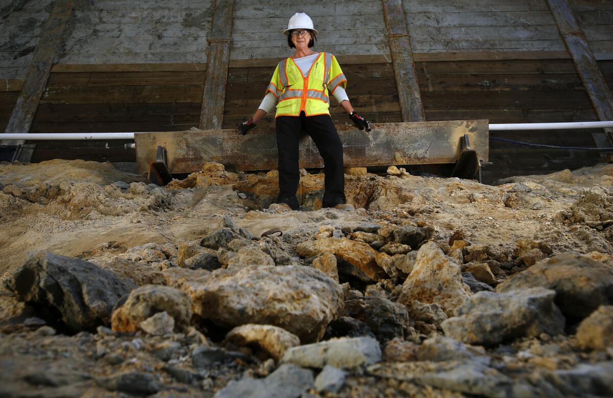 Geologist Rosalind Munro of AMEC, a geotechnical consulting firm, went down a bore hole eight stories deep to determine the stability of the ground at the Wilshire Grand building site.