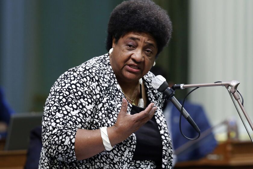 FILE - In this June 10, 2020, file photo, Assemblywoman Shirley Weber, D-San Diego, calls on members of the Assembly to approve a measure at the Capitol in Sacramento, Calif. Weber, was named on Tuesday, Dec. 22, 2020, by picked Gov. Gavin Newsom to be Caliofornia Secretary of State. She will be the first Black woman to hold the post and comes to the job with a special understanding about the right to vote. (AP Photo/Rich Pedroncelli, File