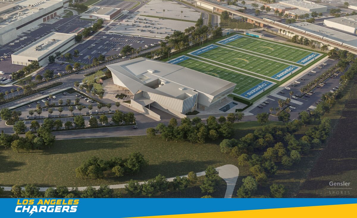 An aerial rendering of the Chargers' planned headquarters and training complex.