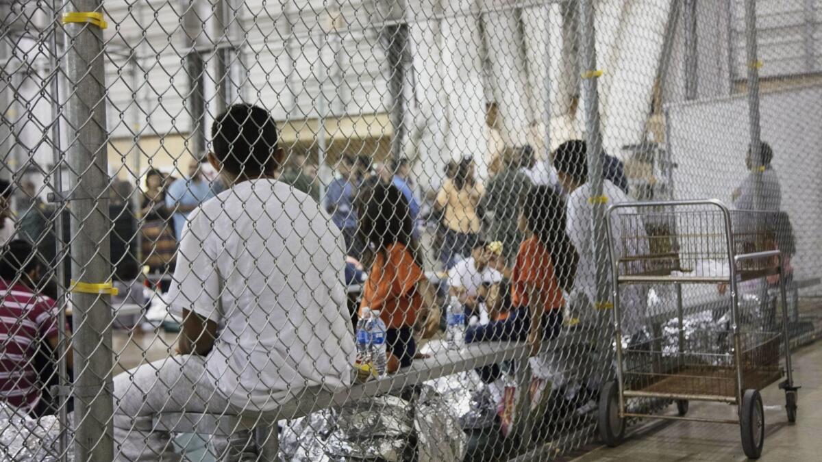 In a photo provided by U.S. Customs and Border Protection, immigrants taken into custody at the border sit in one of the cages at a facility in McAllen, Texas, on June 17.