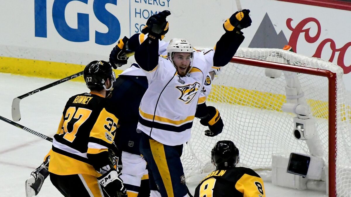 Nashville's Colton Sissons celebrates after scoring a goal against Pittsburgh during the third period in Game 1 of the Stanley Cup Finals on May 29.