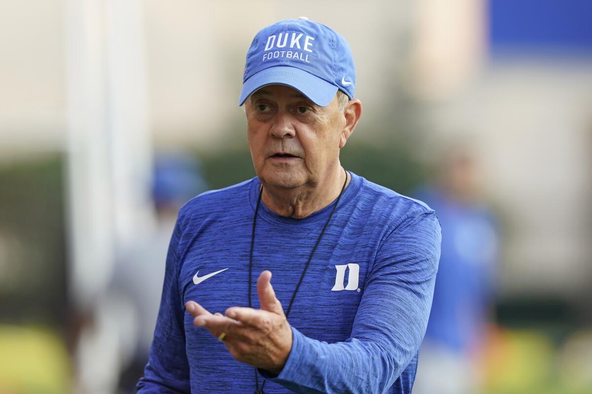FILE - Duke coach David Cutcliffe is seen during an NCAA college football practice in Durham, N.C., in this Thursday, Aug. 5, 2021, file photo. The Blue Devils are coming off a two-win season that stands as the worst under longtime coach Cutcliffe. (AP Photo/Gerry Broome, File)