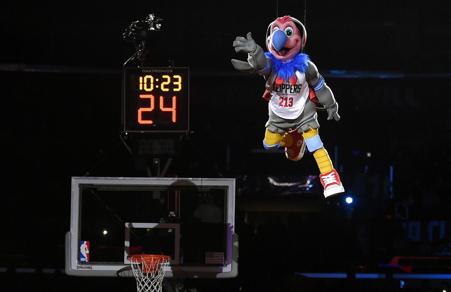 Chuck the Condor, the Clippers' new mascot, is lowered to the court during his introduction on Feb. 29.