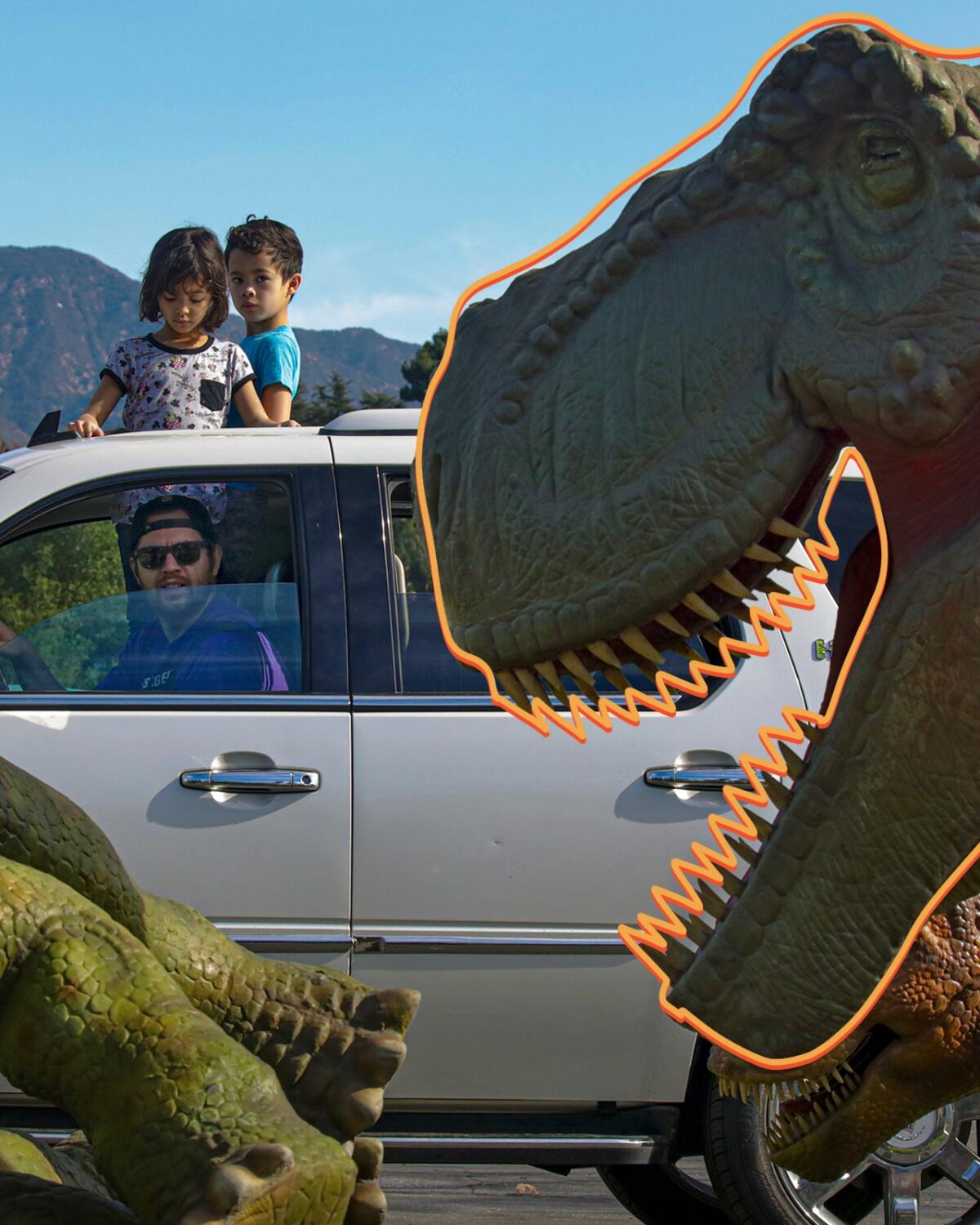 Children's heads stick out the sunroof of the family car at the drive-in Jurassic Quest exhibits at the Rose Bowl.