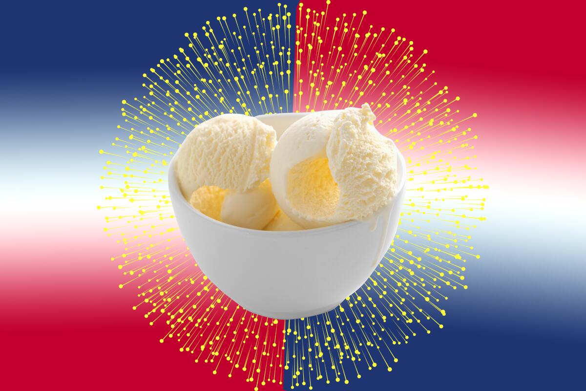 An illustration of a bowl of ice cream overlaid on an explosion of yellow on a red, white and blue background.