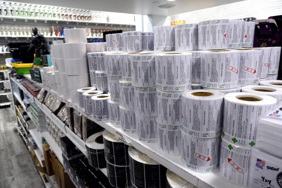 Rolls of "medical cannabis" labels for sale at a shop in downtown Los Angeles.