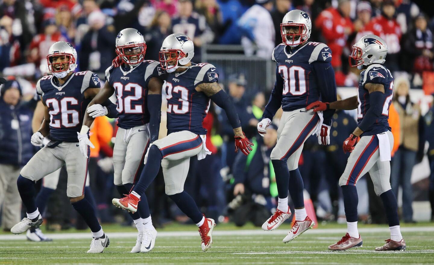 New England Patriots (L-R) Logan Ryan, Devin McCourty, Patrick Chung, Duron Harmon and Malcolm Butler celebrate a defensive stop against the Kansas City Chiefs in the fourth quarter of their AFC Divisional Round Playoff at Gillette Stadium in Foxborough, Massachusetts, USA, 16 January 2016. The Patriots defeated the Chiefs and will go on to face either the Denver Broncos or the Pittsburgh Steelers in the AFC Championship game.