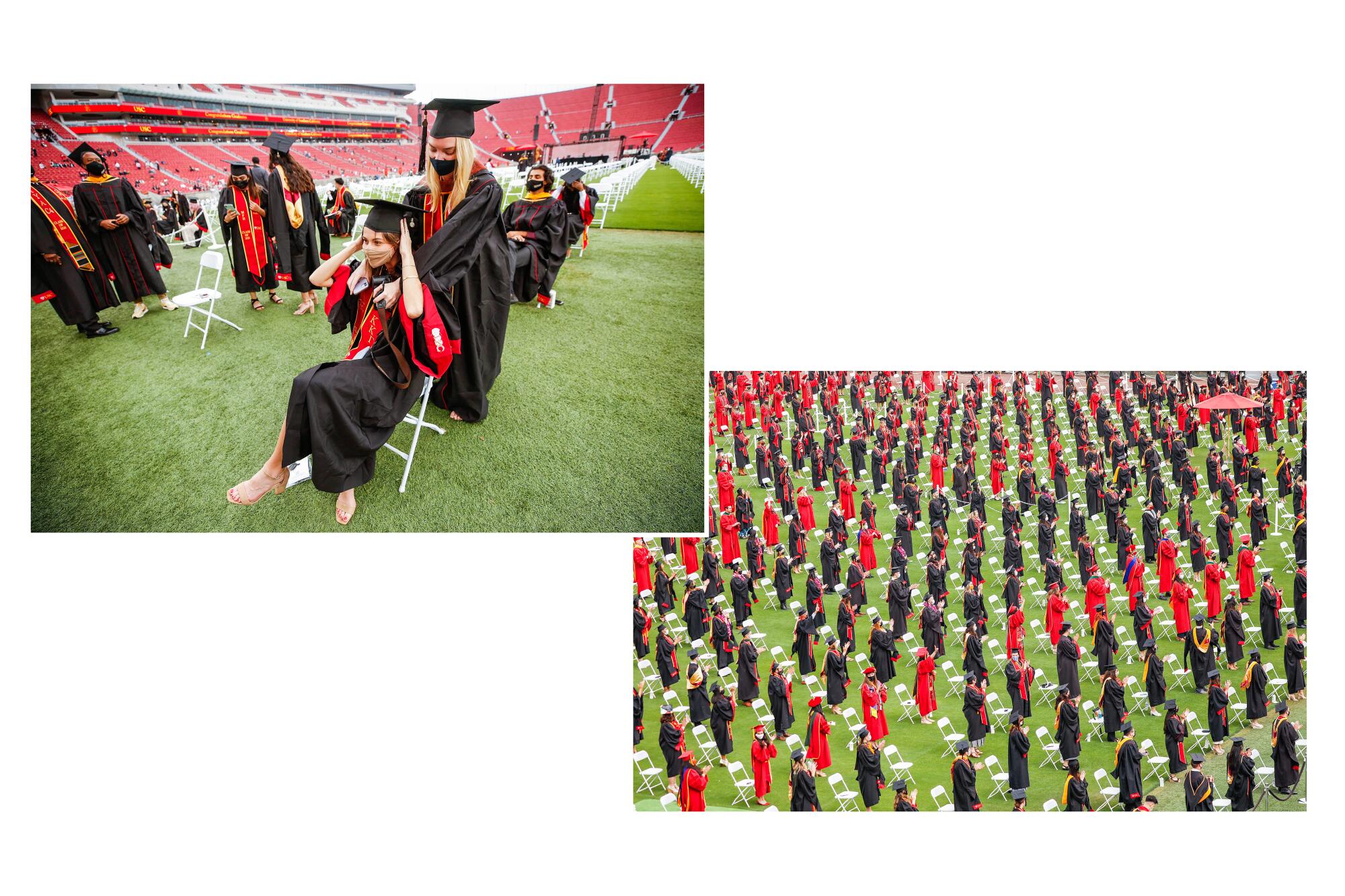 One photo shows graduates in gowns, mortar boards and face masks; another shows graduates standing six feet apart.