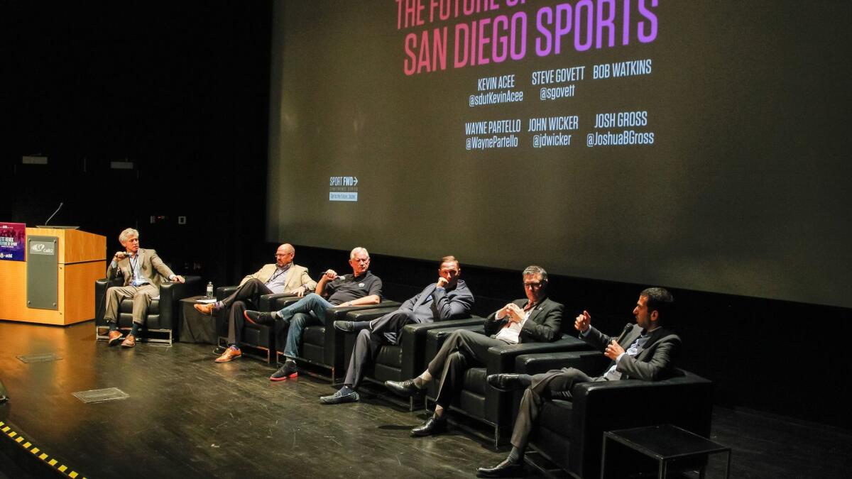 From left, Union-Tribune columnist Kevin Acee, Seals President Steve Govett, 1904 FC President Bob Watkins, Padres chief marketing officer Wayne Partello and San Diego State Athletic Director J.D. Wicker listen to Seals V.P. Josh Gross speak at the Sport FWD conference at UCSD.