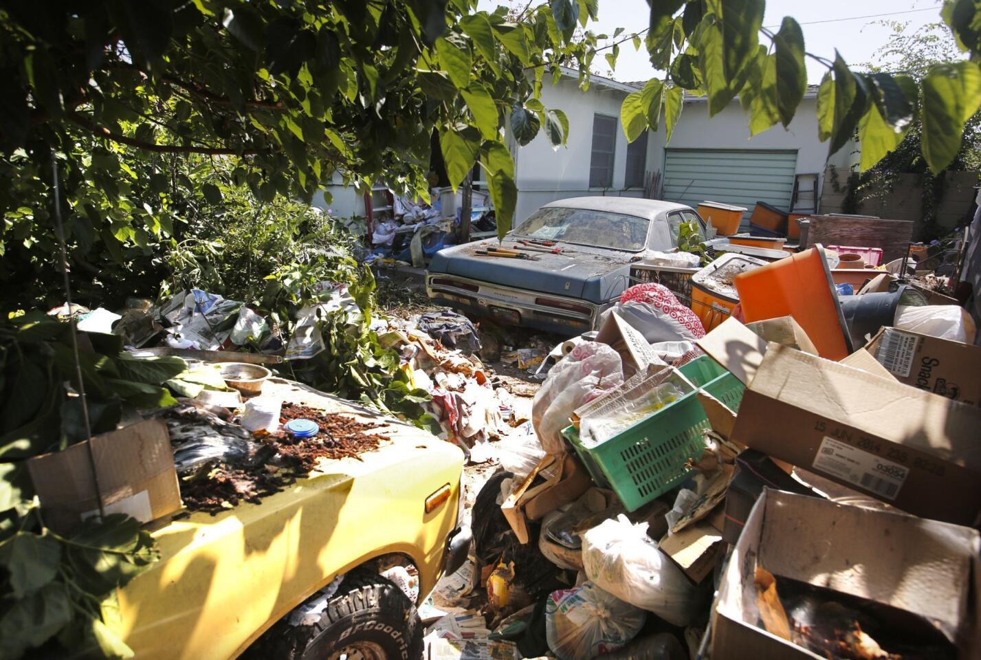 Trash and vehicles fill the frontyard of a house on Rosewood Street in Santa Ana. A woman was found dead Tuesday on the front porch of the house, and more than 40 stray cats were discovered meandering around the property.