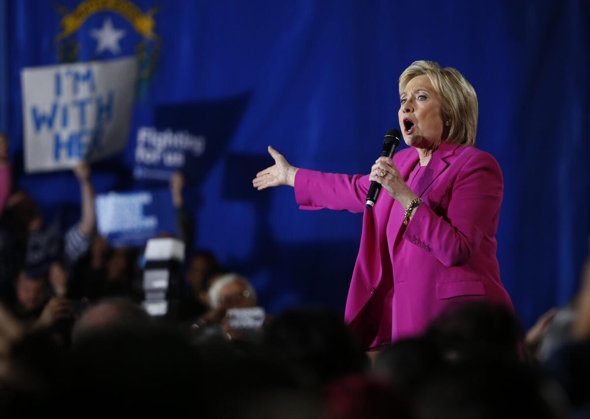 Hillary Clinton speaks at a rally Thursday in Las Vegas.