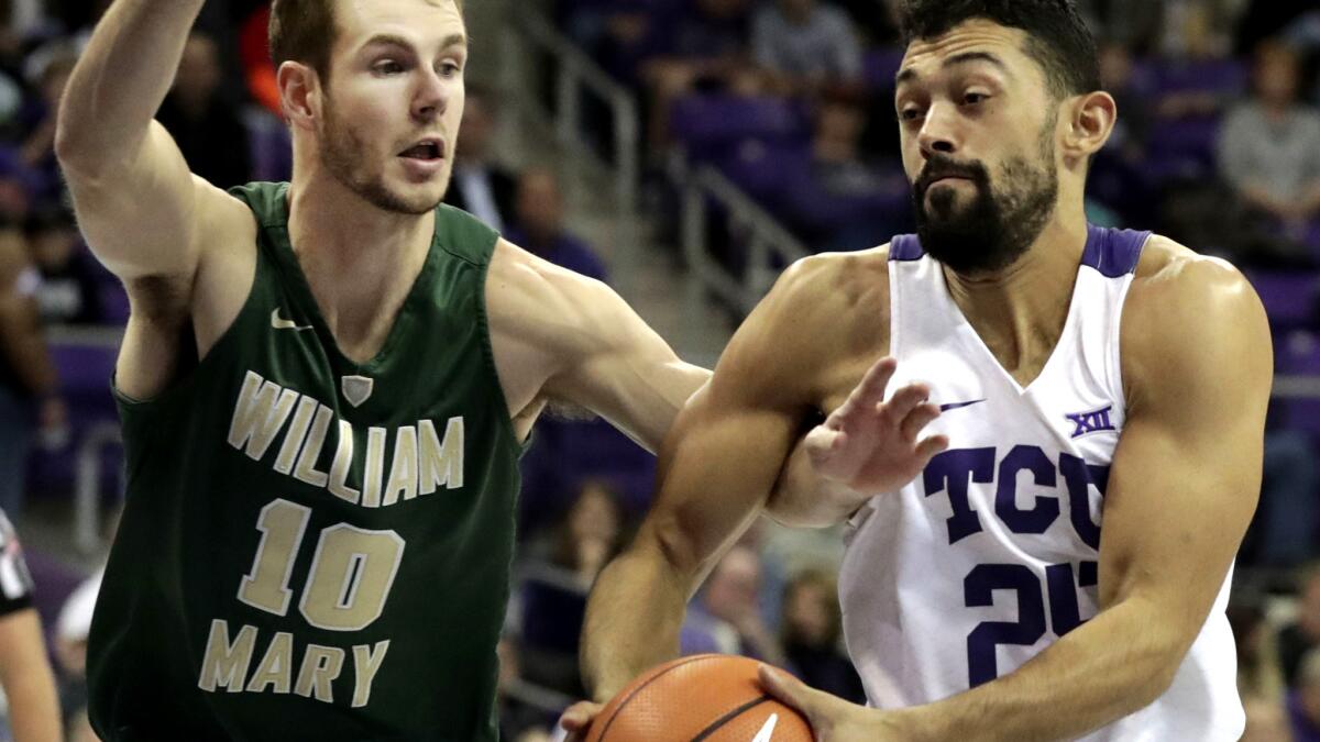 TCU guard Alex Robinson drives against William & Mary guard Connor Burchfield during their game Friday night.