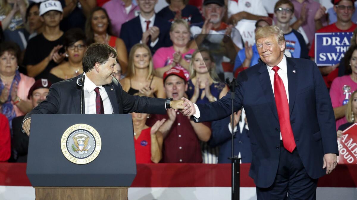 President Trump with Troy Balderson, the Republican candidate in Ohio's 12th Congressional District, at a rally Saturday in Lewis Center, Ohio.
