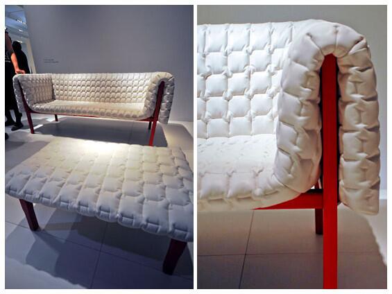 Ikea's Esbjörn chair echoes this piece produced by Ligne Roset. The quilted seat cover draped over a minimalist frame was a stunning look at the 2010 Milan furniture fair.