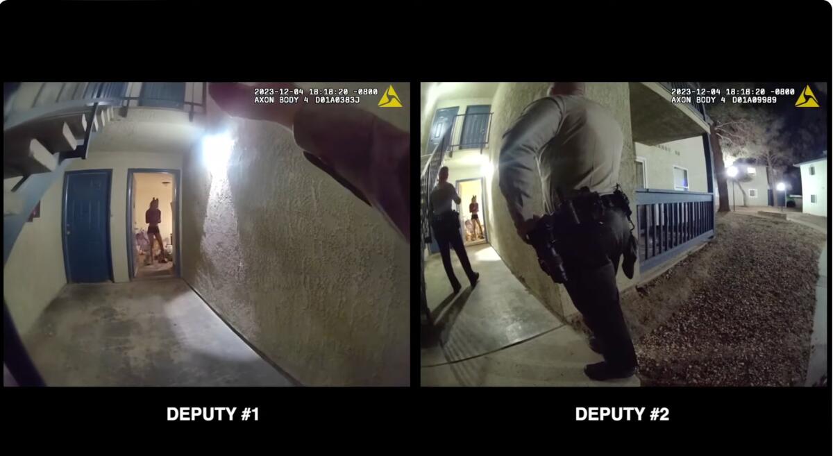 Two stills from body-camera footage, showing deputies responding to a Lancaster apartment