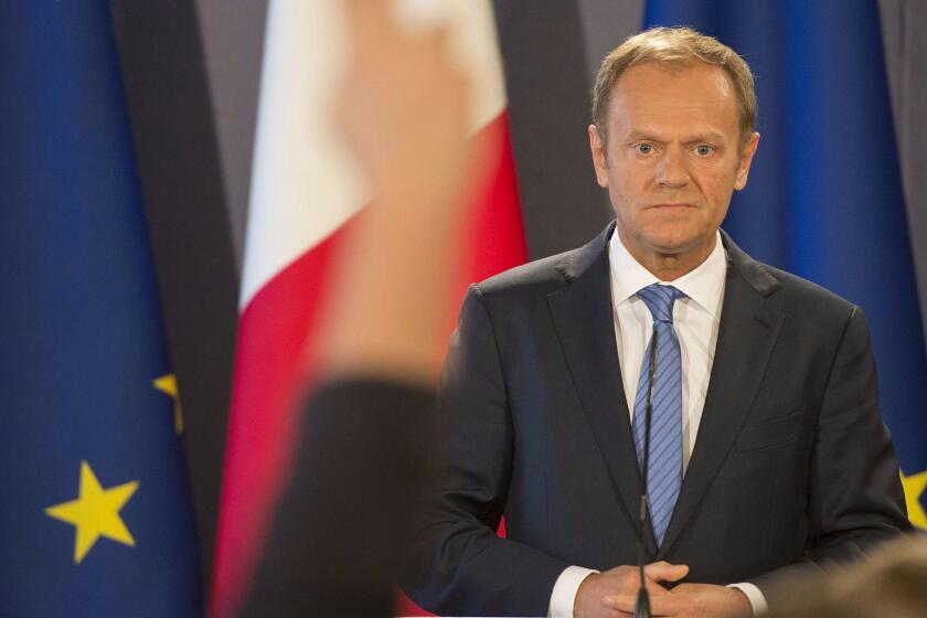 President of the European Council Donald Tusk attends a joint press conference in Valletta, Malta, Friday, March 31, 2017. Tusk insisted Friday after a meeting in Malta that withdrawal from the bloc comes ahead of any new relationship with Britain. But he also said the EU will not punish the U.K. in the exit talks, and that the so-called Brexit is punitive enough. (AP Photo/Rene Rossignaud)
