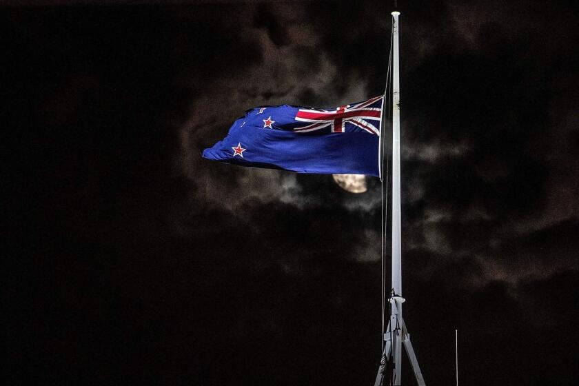 The New Zealand national flag is flown at half-mast on a Parliament building in Wellington on March 15, 2019, after a shooting incident in Christchurch. - Attacks on two Christchurch mosques left at least 49 dead on March 15, with one gunman -- identified as an Australian extremist -- apparently livestreaming the assault that triggered the lockdown of the New Zealand city. (Photo by Marty MELVILLE / AFP)MARTY MELVILLE/AFP/Getty Images ** OUTS - ELSENT, FPG, CM - OUTS * NM, PH, VA if sourced by CT, LA or MoD **