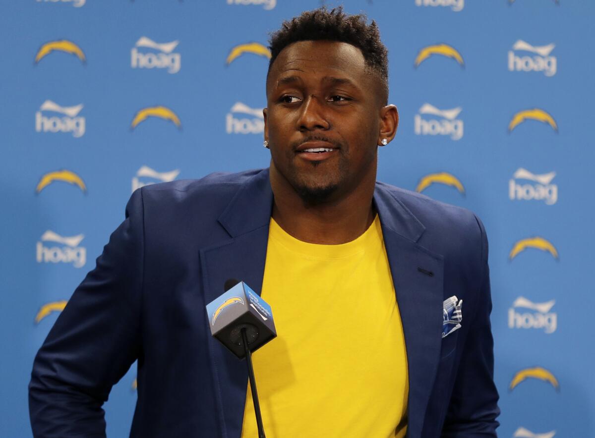 Chargers linebacker Thomas Davis speaks during his introductory news conference after signing with the team in March.