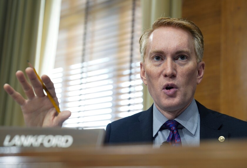 FILE - Sen. James Lankford, R-Okla., speaks during a Senate Energy and Natural Resources Committee hearing May 19, 2022, on Capitol Hill in Washington. Lankford is running for reelection to a full six-year term. With the announcement earlier this year that longtime Republican U.S. Sen. Jim Inhofe plans to step down from office early, Oklahoma voters have the rare opportunity to cast ballots on Tuesday, June 28 for candidates for both of the state's U.S. Senate seats. (AP Photo/Mariam Zuhaib, File)