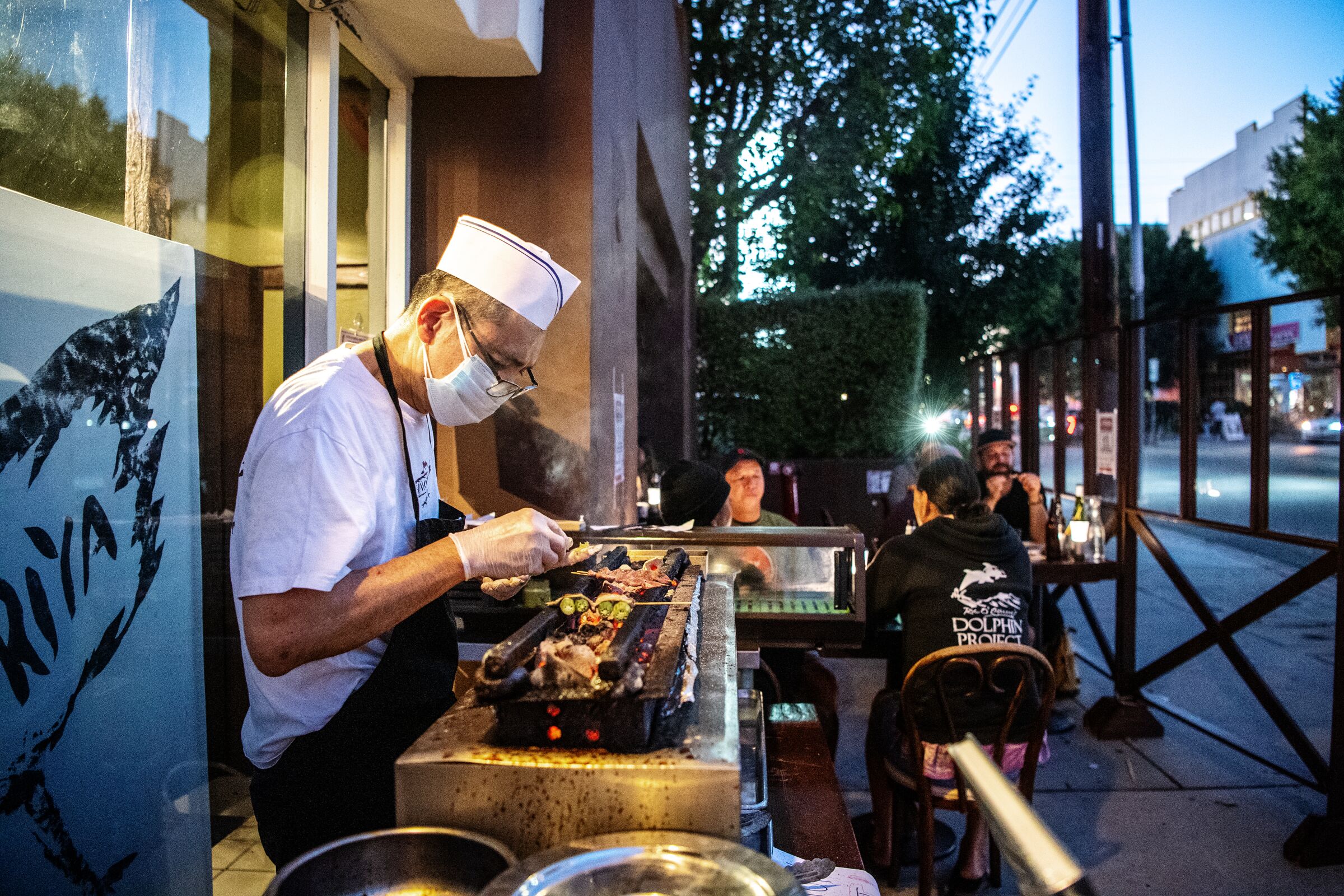 The outdoor dining scene at Yakitoriya in Los Angeles.