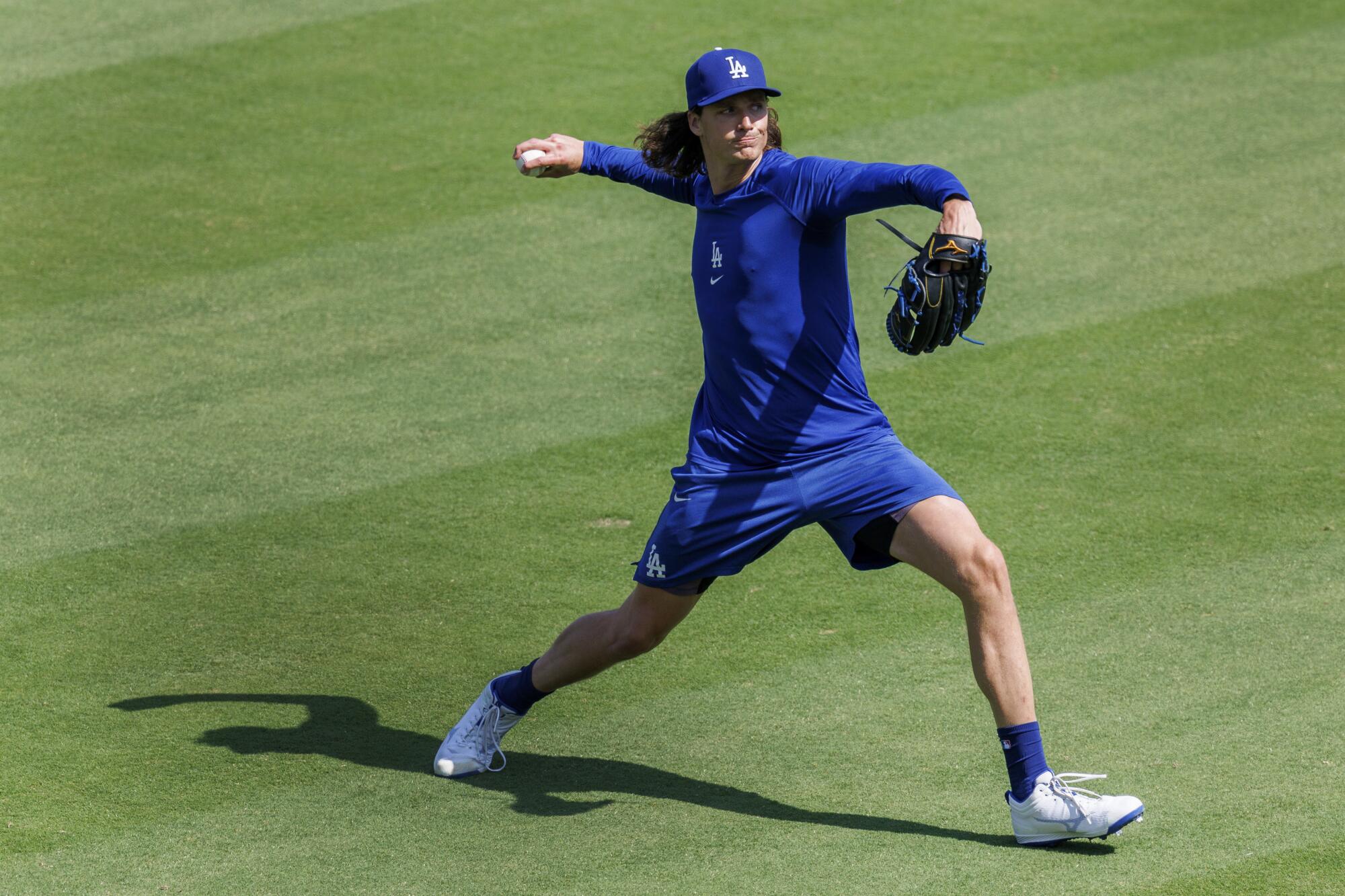 Dodgers pitcher Tyler Glasnow throws in the outfield before Wednesday's game against the New York Mets at Dodger Stadium.